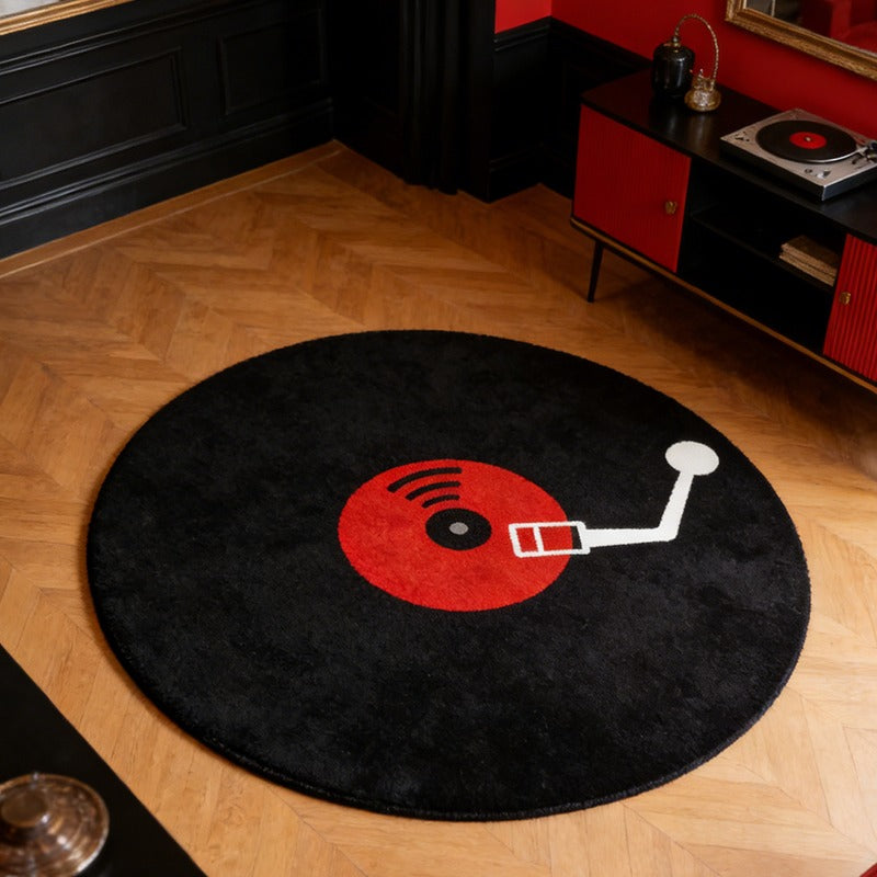 Tapis rond noir imprimé disque vinyle, Ø 80, 120 ou 150 cm
