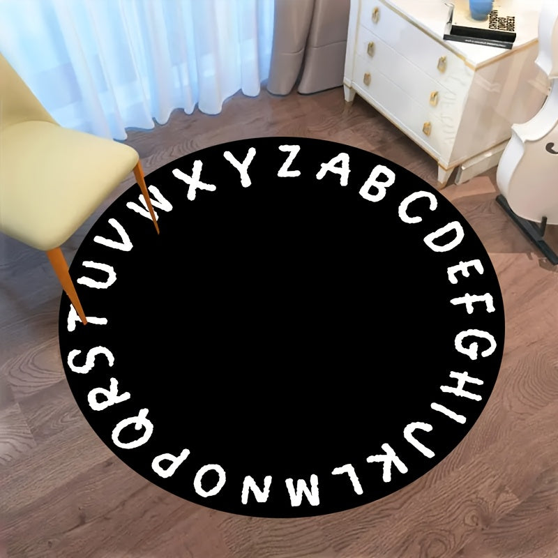 Tapis rond noir à couronne de lettres blanches, Ø 60 à 150 cm