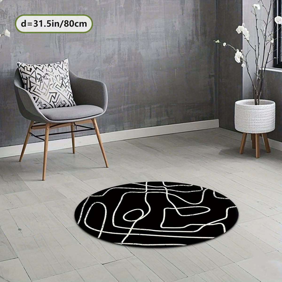 Tapis rond noir à grandes lignes blanches au pinceau sec