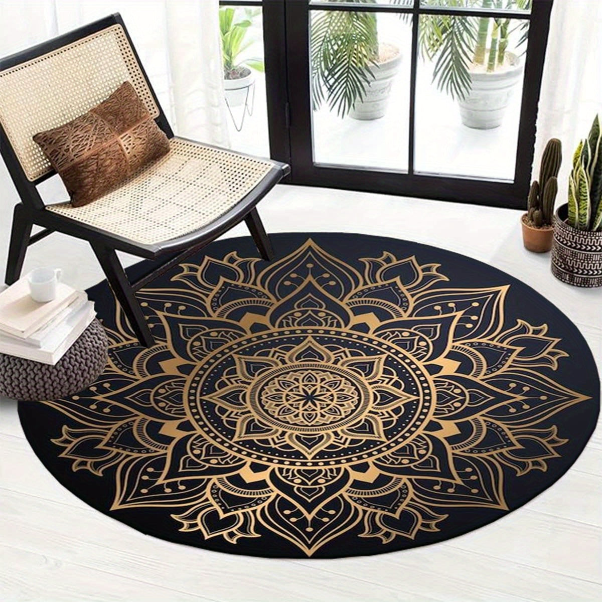 Tapis rond noir à mandala doré, Ø 120 cm lavable en machine