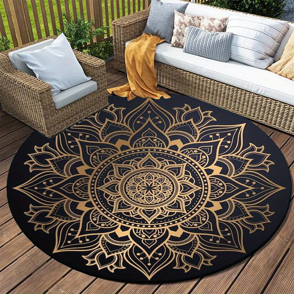 Tapis rond noir à mandala doré, Ø 120 cm lavable en machine