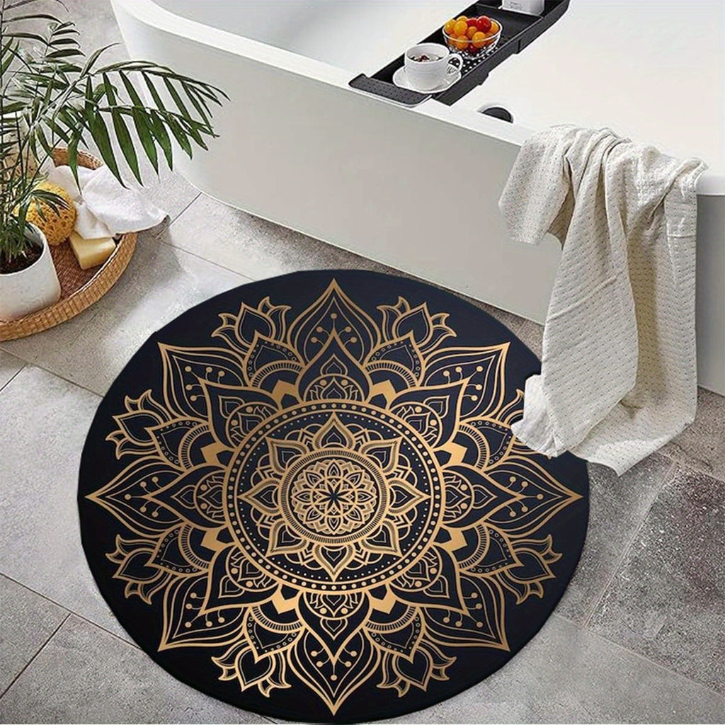Tapis rond noir à mandala doré, Ø 120 cm lavable en machine