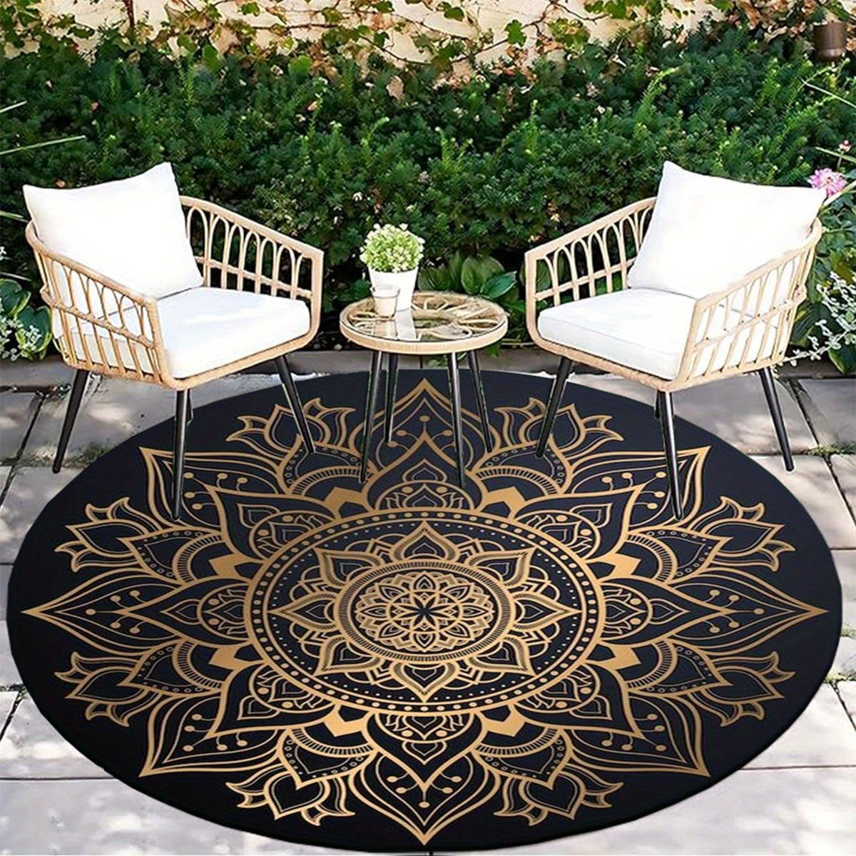 Tapis rond noir à mandala doré, Ø 120 cm lavable en machine