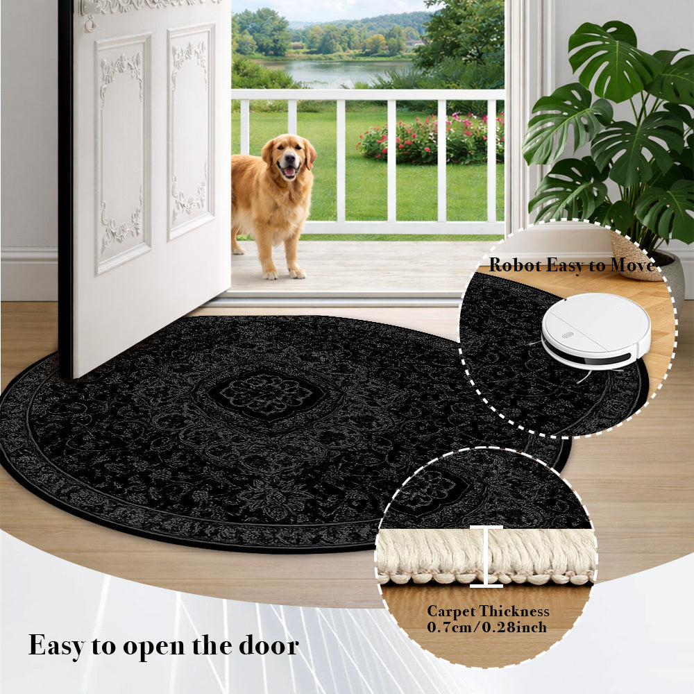Tapis rond noir à médaillon oriental patiné, Ø 110 à 190 cm