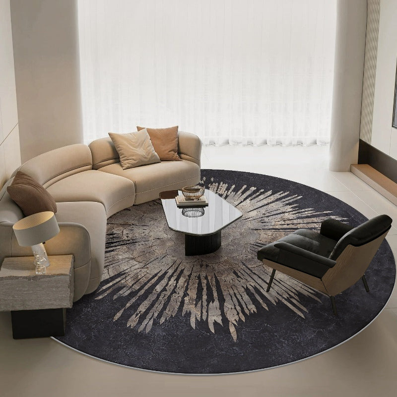 Tapis rond noir médaillon soleil beige, velours 900 g/m²
