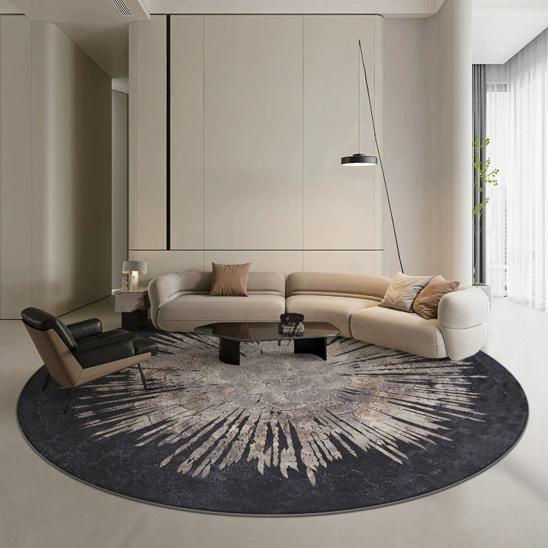 Tapis rond noir médaillon soleil beige, velours 900 g/m²