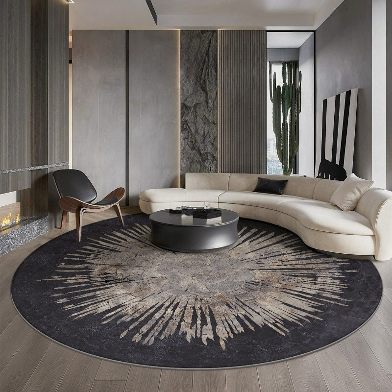 Tapis rond noir médaillon soleil beige, velours 900 g/m²