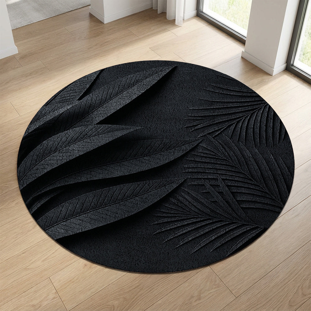 Tapis rond noir à grandes nervures de feuille, Ø 78 à 170 cm