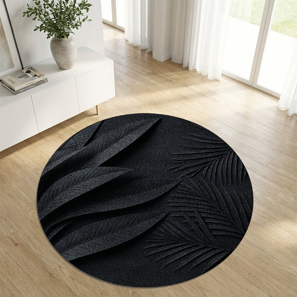 Tapis rond noir à grandes nervures de feuille, Ø 78 à 170 cm