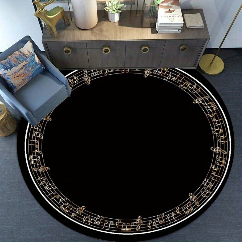 Tapis rond noir à couronne de notes de musique, Ø 80 cm