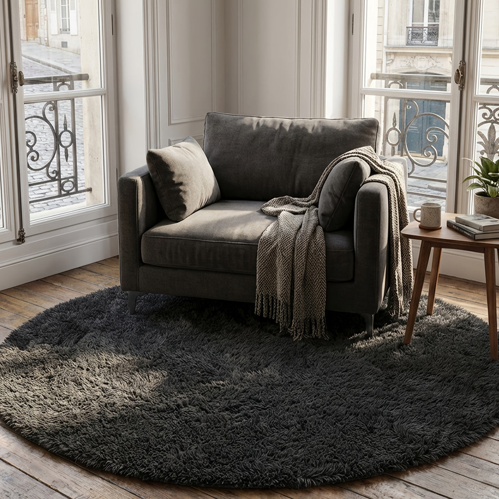 Tapis rond noir à poils longs, jusqu'à 195 cm de diamètre
