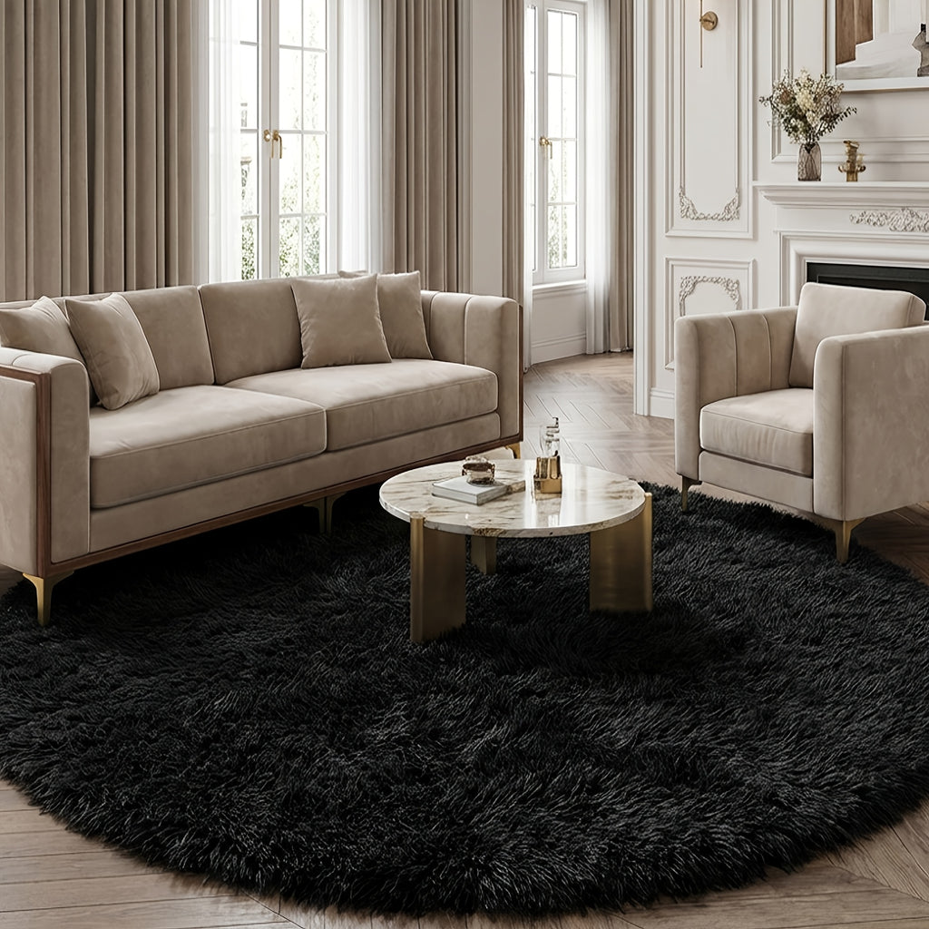 Tapis rond noir à poils longs, jusqu'à 195 cm de diamètre