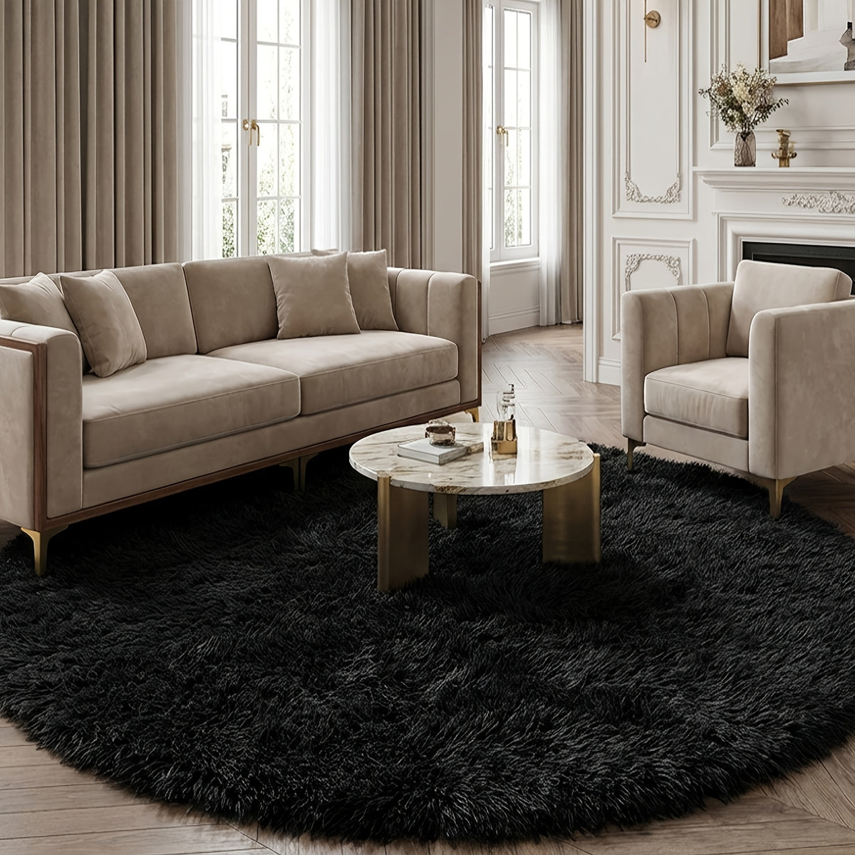 Tapis rond noir à poils longs, jusqu'à 195 cm de diamètre