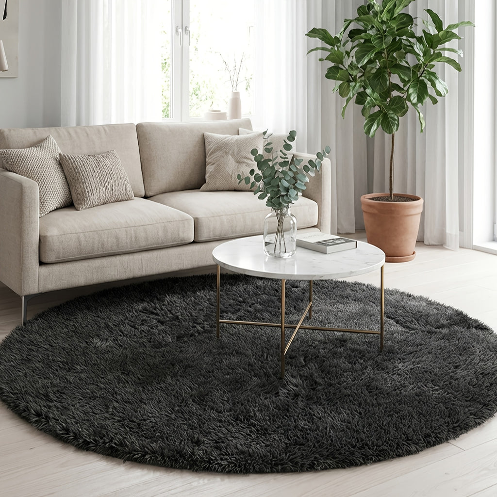 Tapis rond noir à poils longs, jusqu'à 195 cm de diamètre