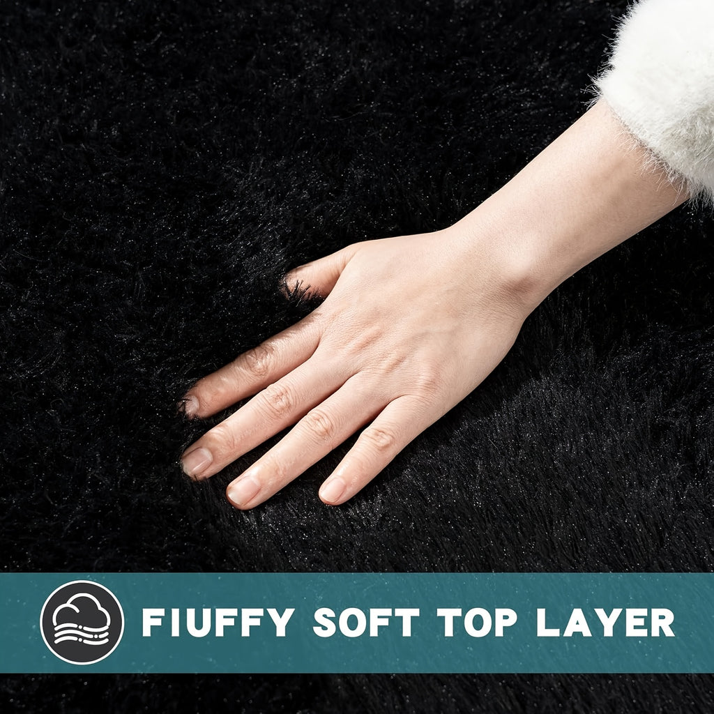Tapis rond noir à poils longs, jusqu'à 195 cm de diamètre