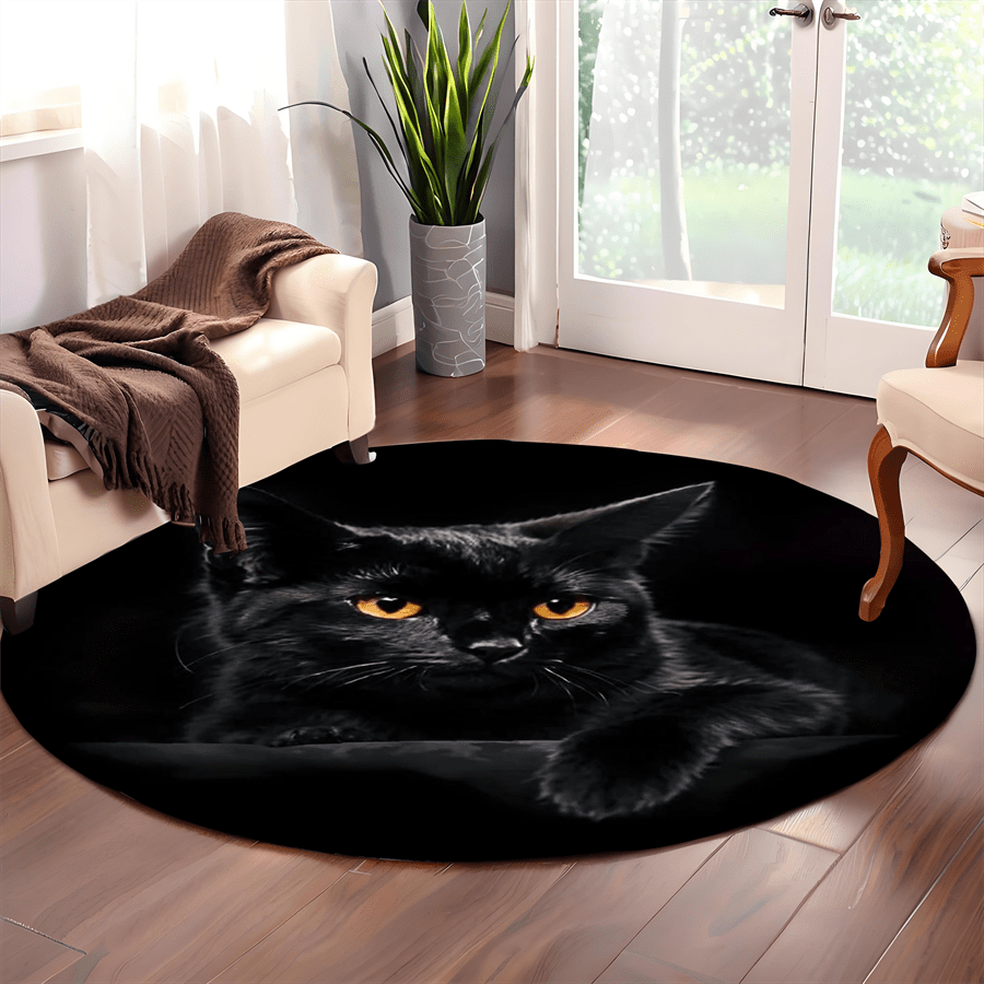 Tapis rond noir à portrait de chat photographique, Ø 80 cm