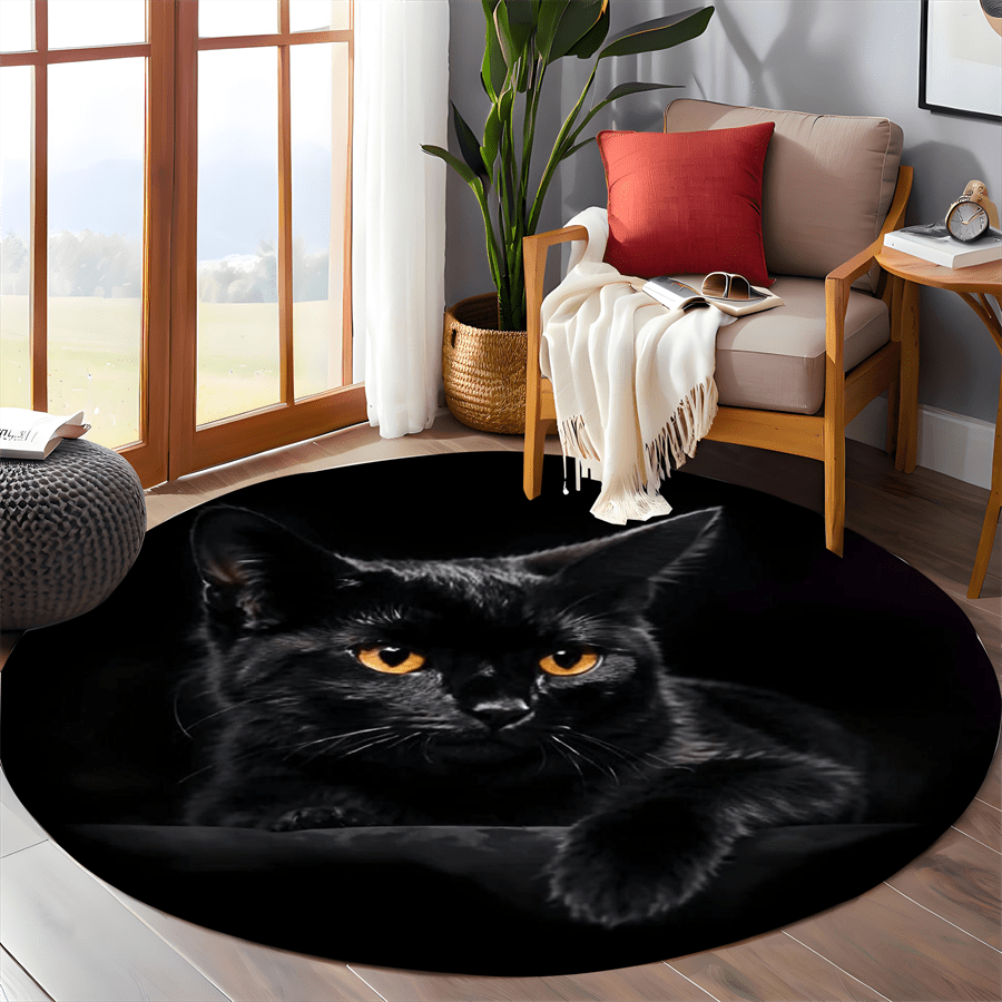 Tapis rond noir à portrait de chat photographique, Ø 80 cm