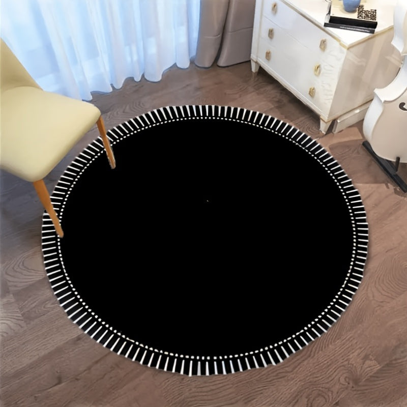 Tapis rond noir à rayons blancs, velours tufté 850 g/m²