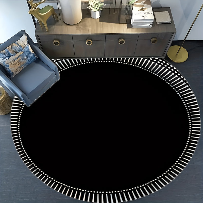 Tapis rond noir à rayons blancs, velours tufté 850 g/m²