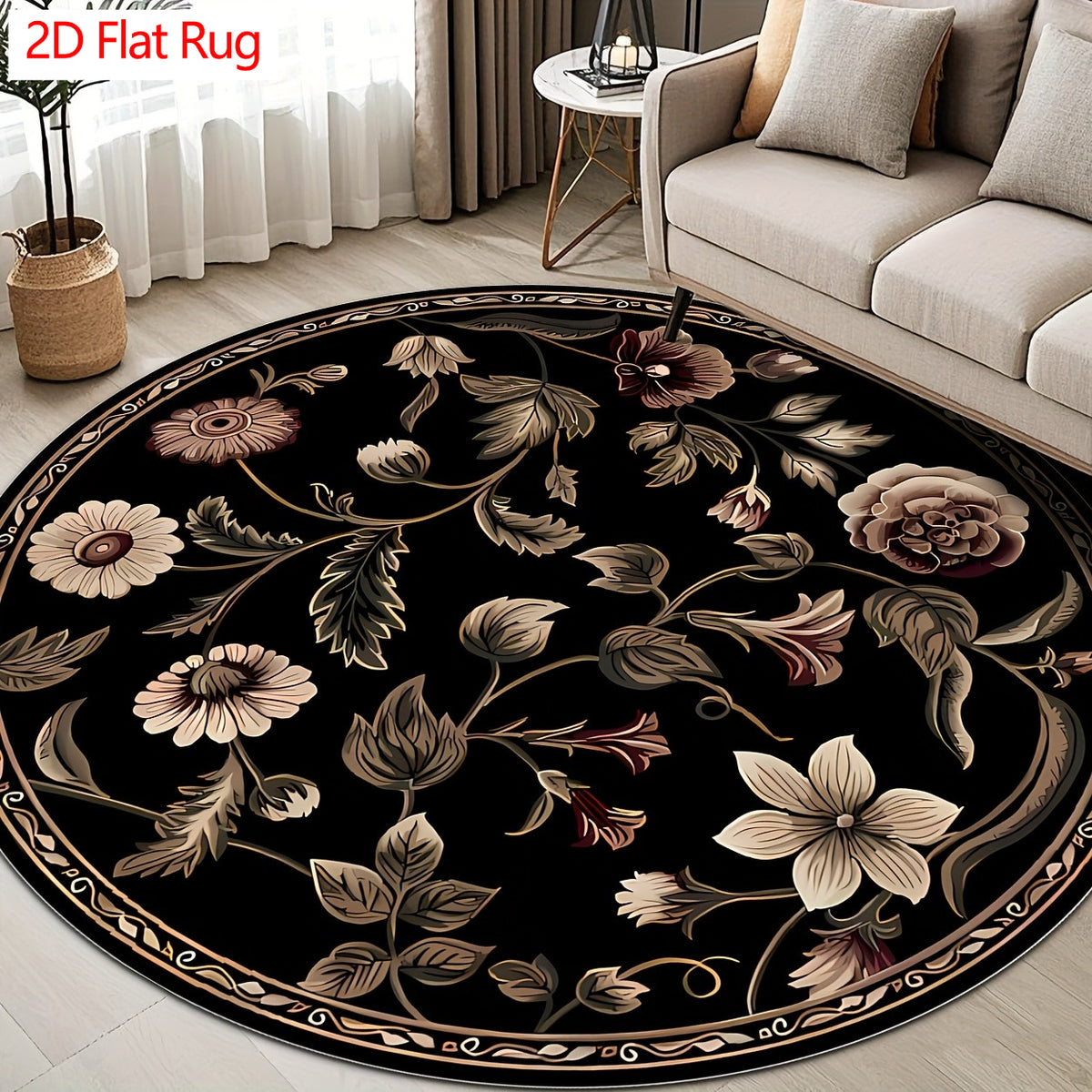 Tapis rond noir à vigne florale vintage, Ø 200 et 300 cm