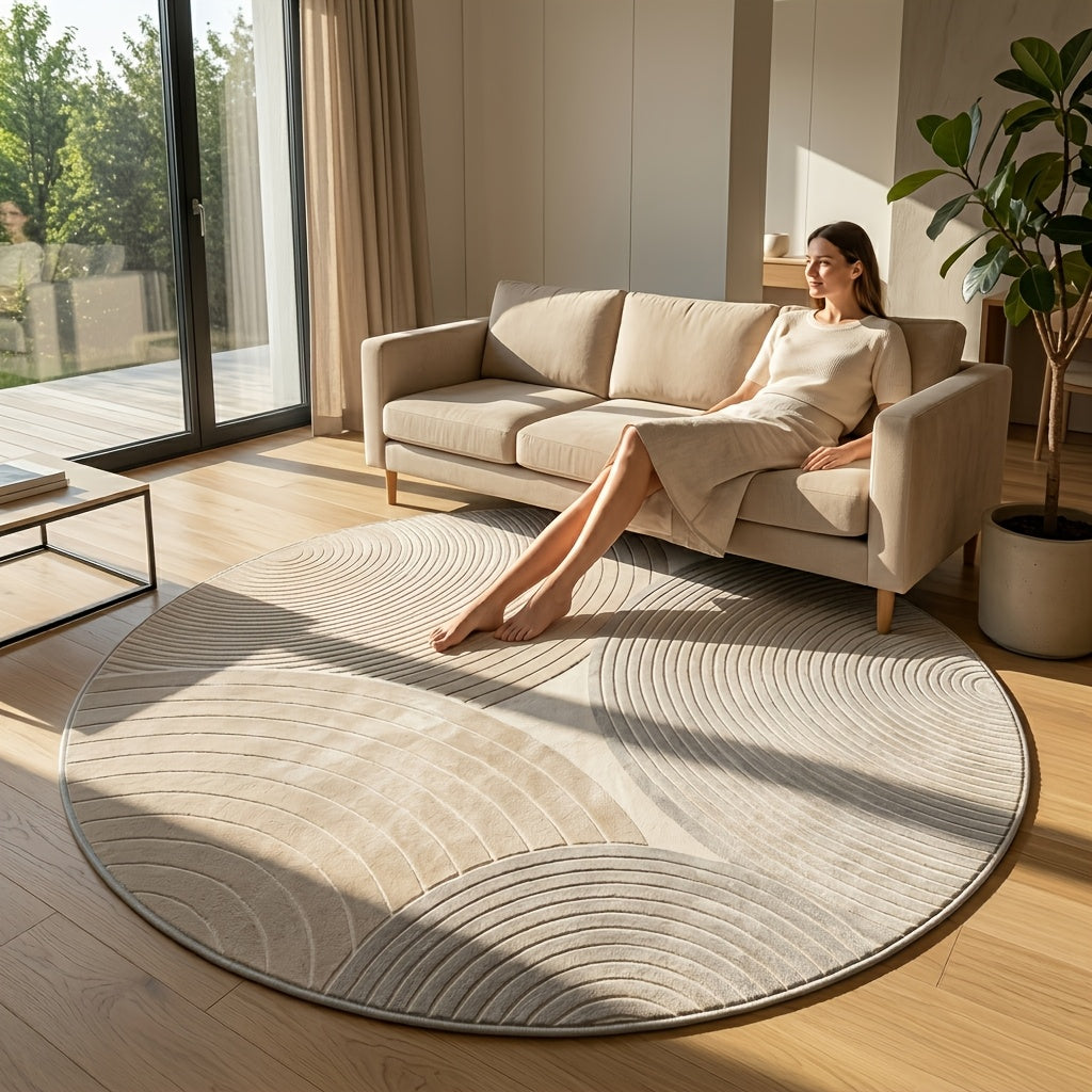 Tapis rond nordique beige et gris, neuf diamètres imprimés