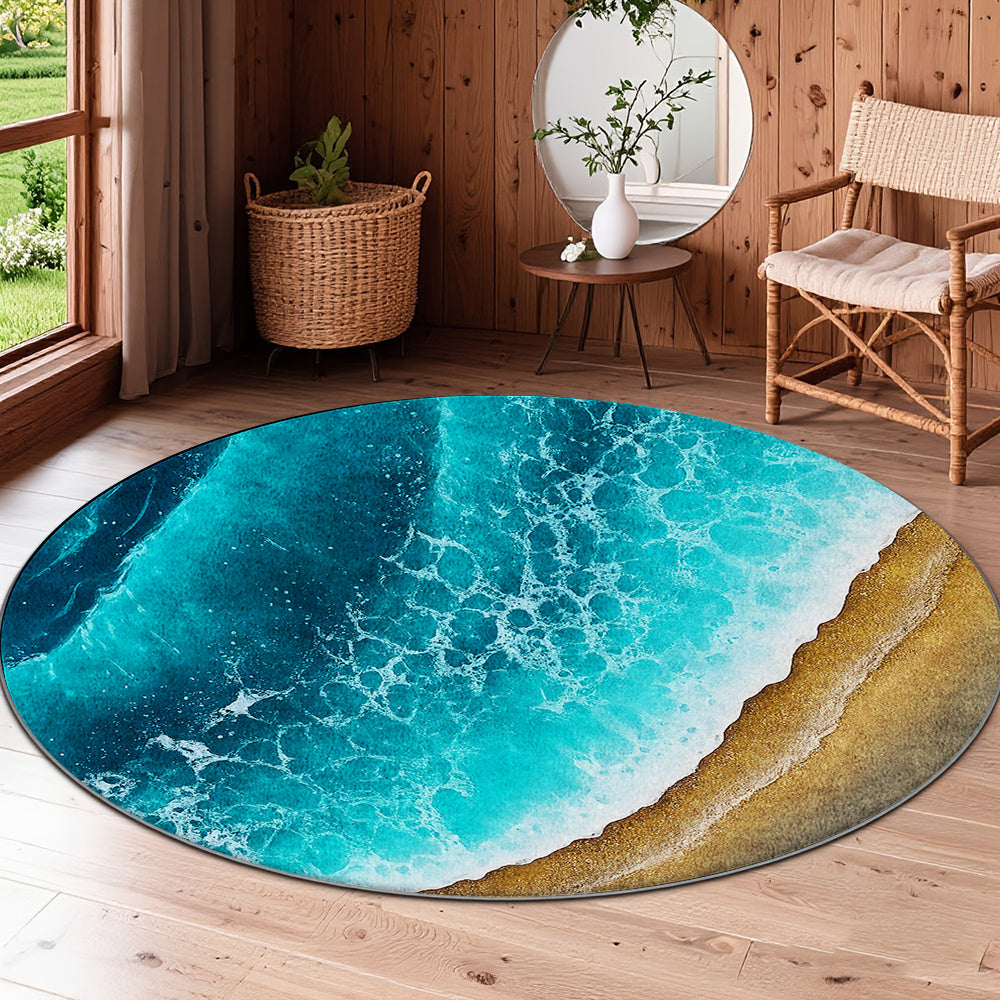 Tapis rond océan turquoise et sable doré, velours à poils ras