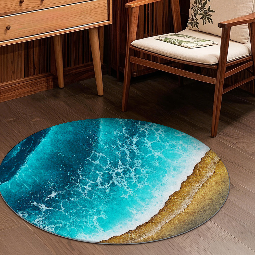 Tapis rond océan turquoise et sable doré, velours à poils ras