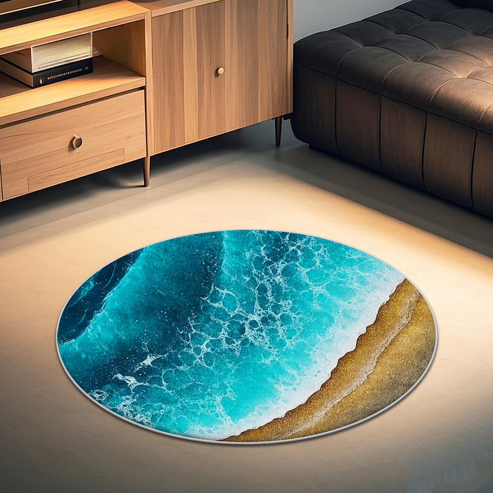 Tapis rond océan turquoise et sable doré, velours à poils ras