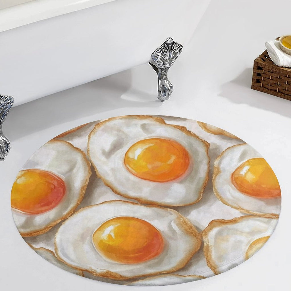 Tapis rond motif œufs au plat, trompe-l'œil blanc et jaune