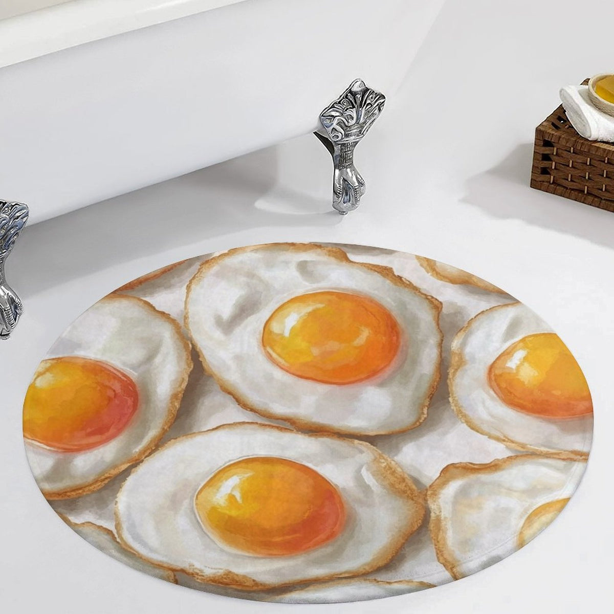 Tapis rond motif œufs au plat, trompe-l'œil blanc et jaune