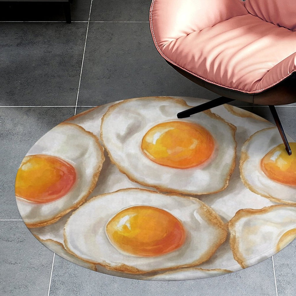 Tapis rond motif œufs au plat, trompe-l'œil blanc et jaune
