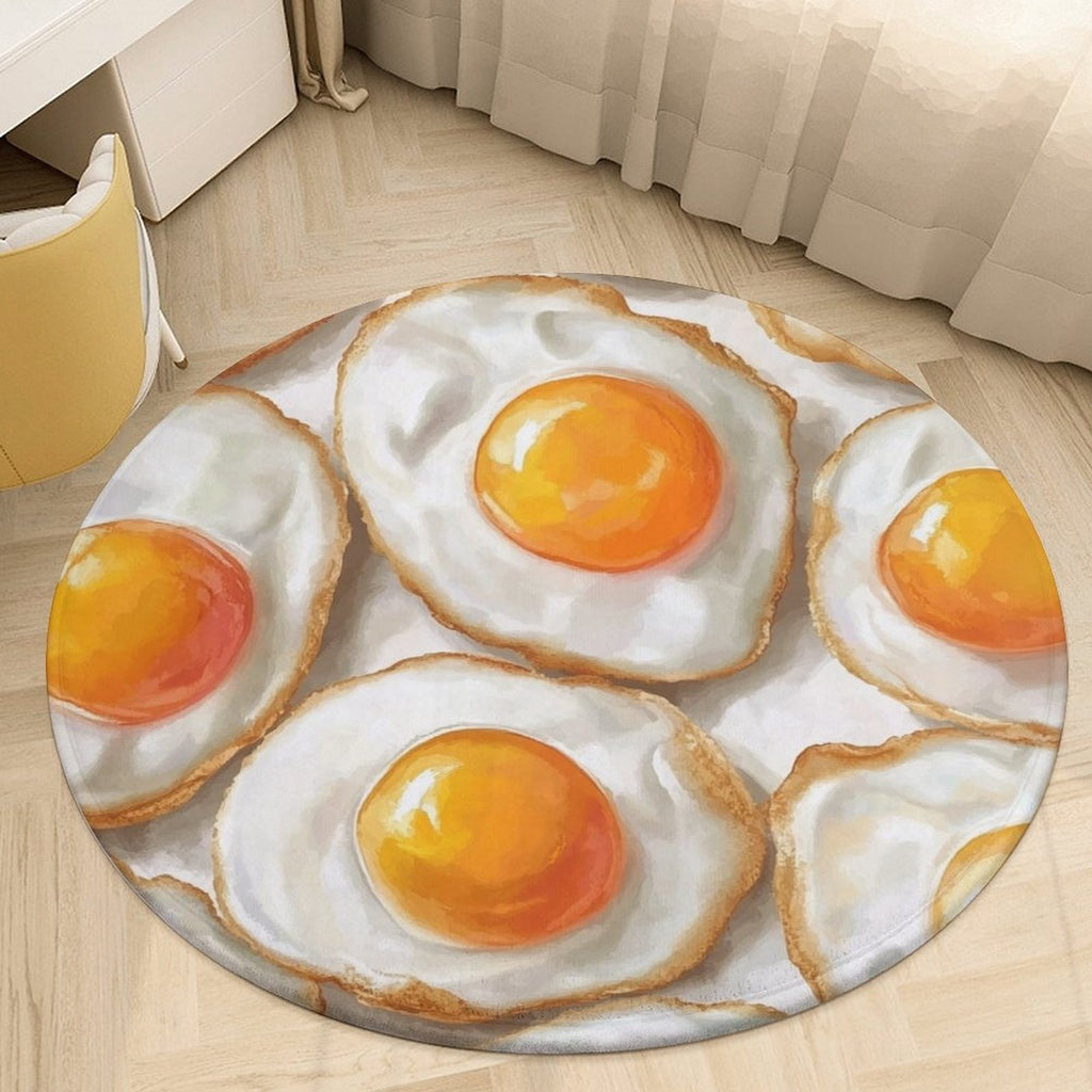 Tapis rond motif œufs au plat, trompe-l'œil blanc et jaune