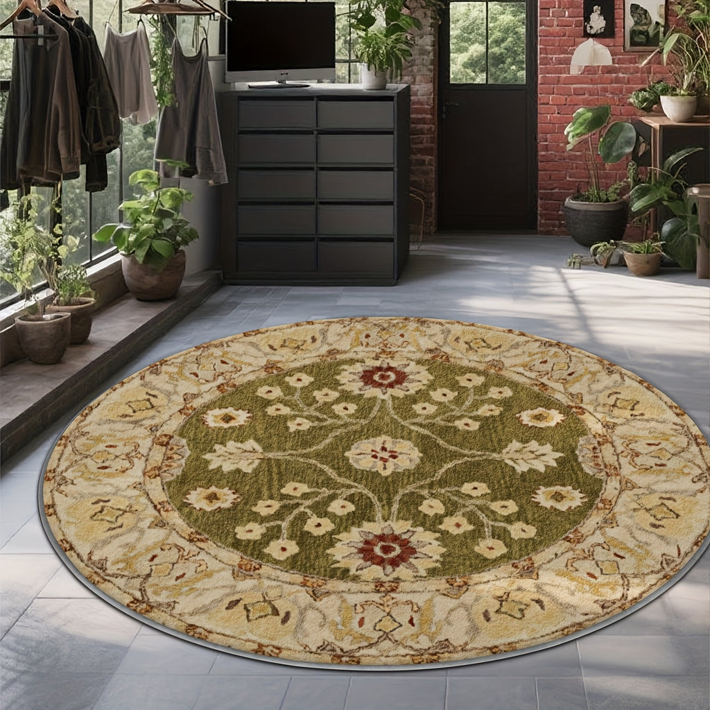 Tapis rond vert olive à décor floral crème, Ø 200 cm rond