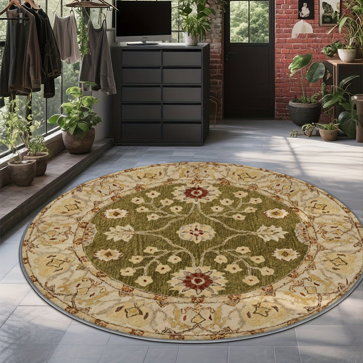 Tapis rond vert olive à décor floral crème, Ø 200 cm rond