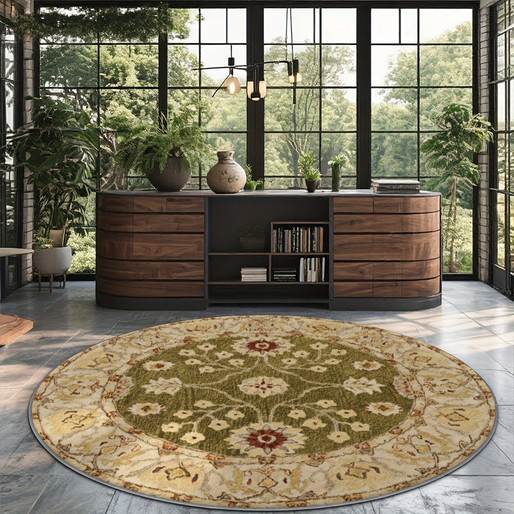 Tapis rond vert olive à décor floral crème, Ø 200 cm rond