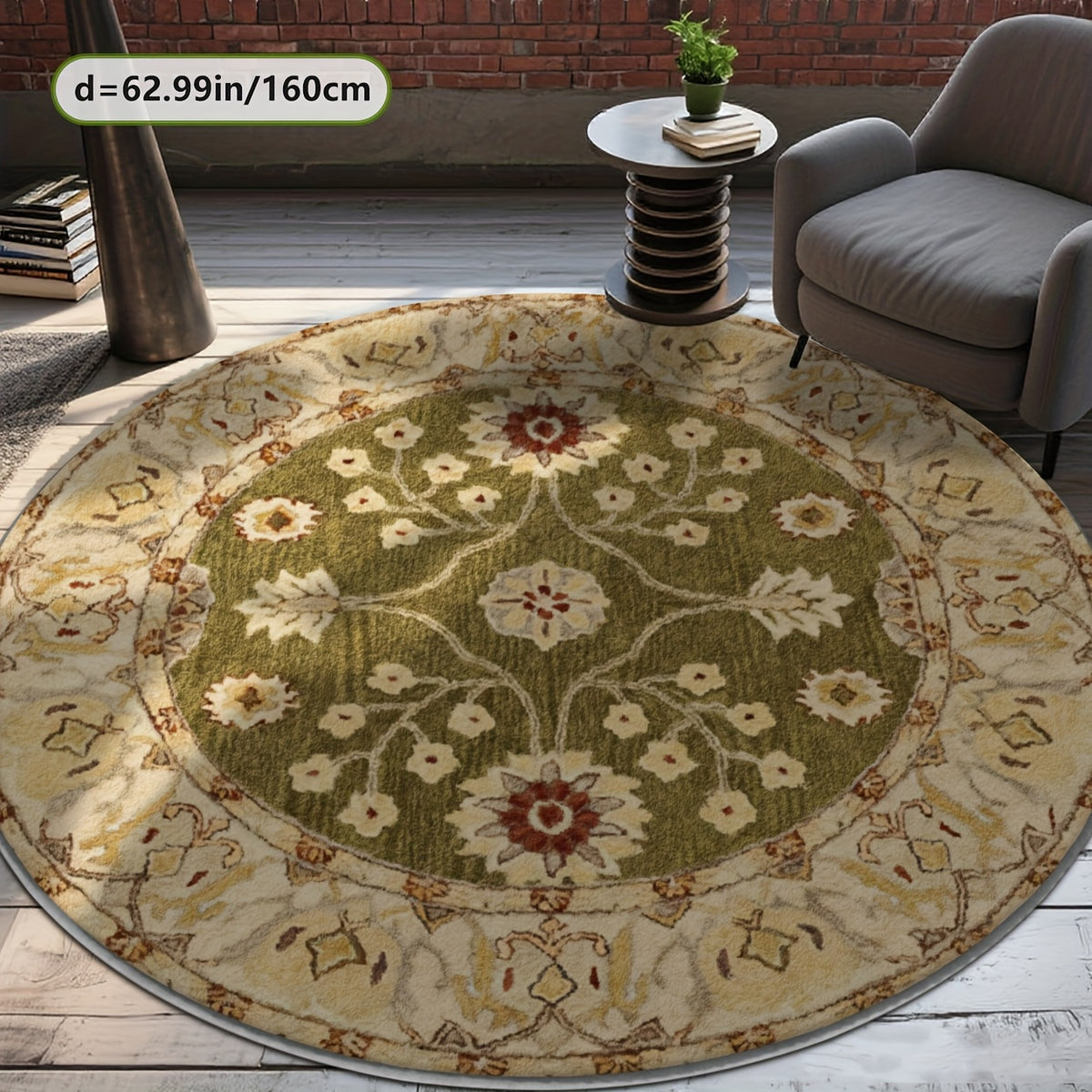 Tapis rond vert olive à décor floral crème, Ø 200 cm rond
