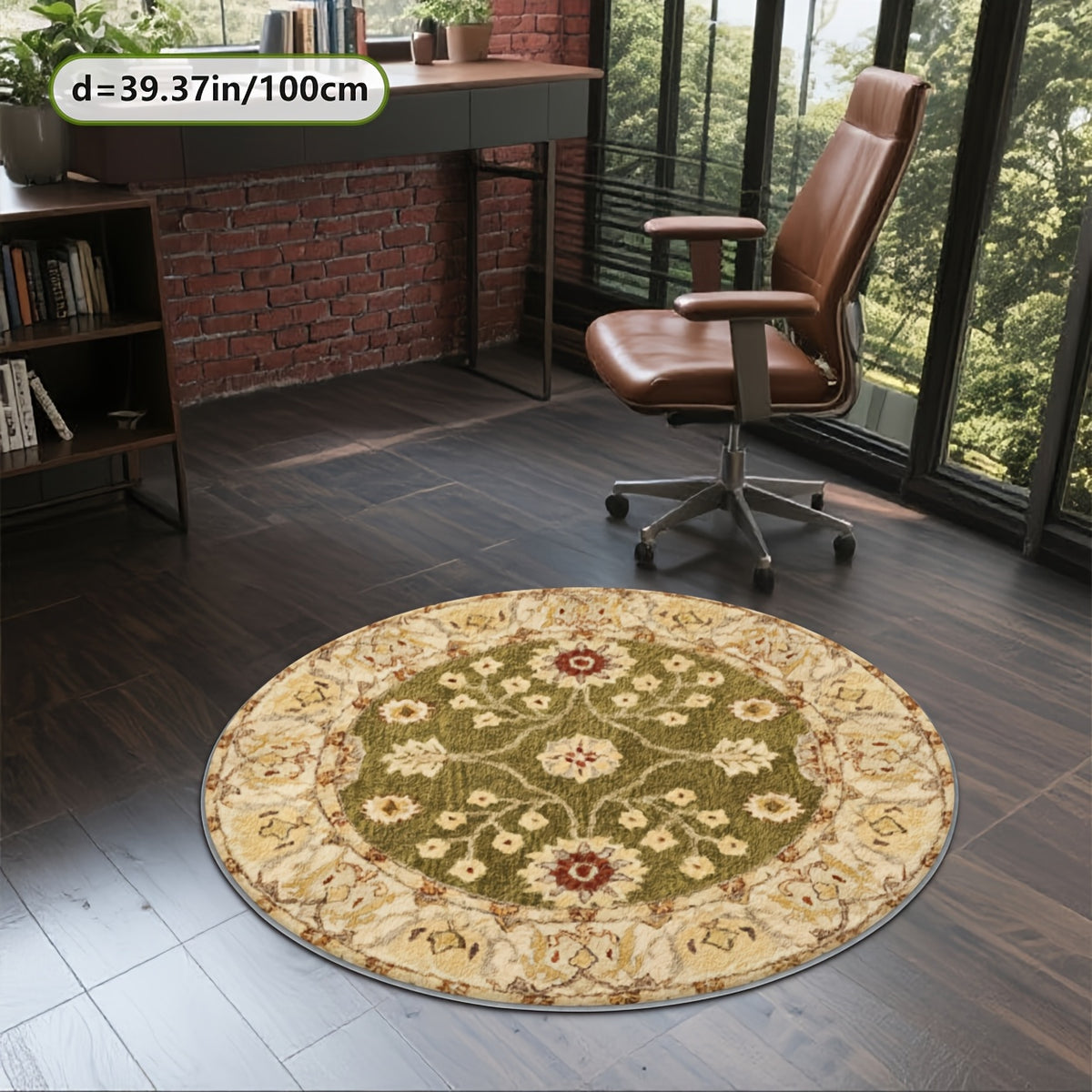 Tapis rond vert olive à décor floral crème, Ø 200 cm rond
