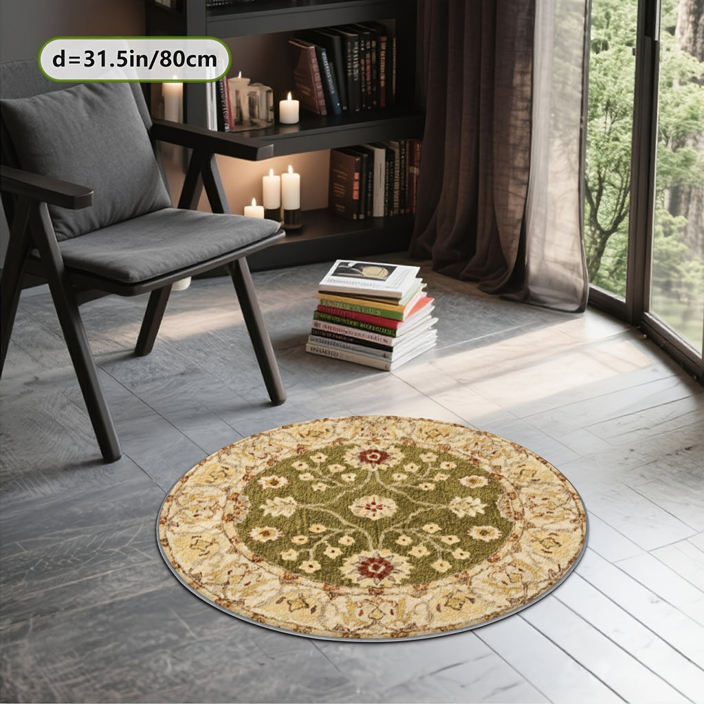 Tapis rond vert olive à décor floral crème, Ø 200 cm rond