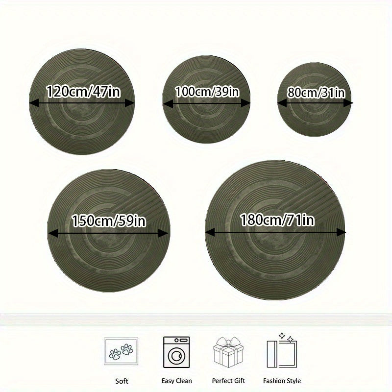 Tapis rond vert olive à ondes concentriques, dos caoutchouc