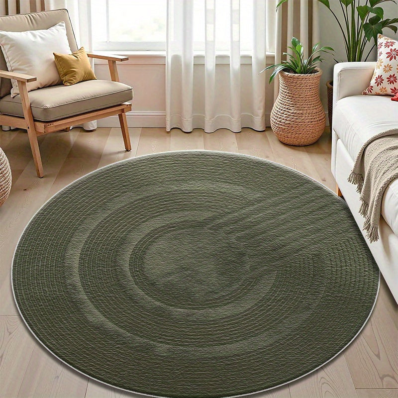 Tapis rond vert olive à ondes concentriques, dos caoutchouc