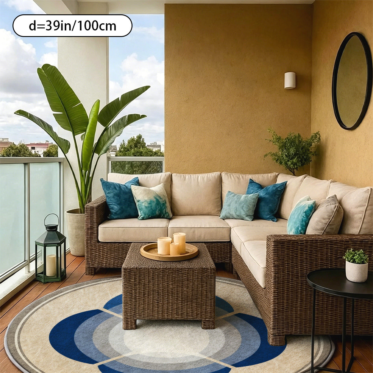 Tapis rond ombré bleu et gris à bordure beige, Ø 80 à 200 cm