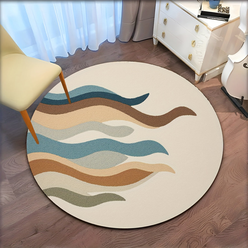 Tapis rond motif ondulé sable, vagues bleu canard et brun