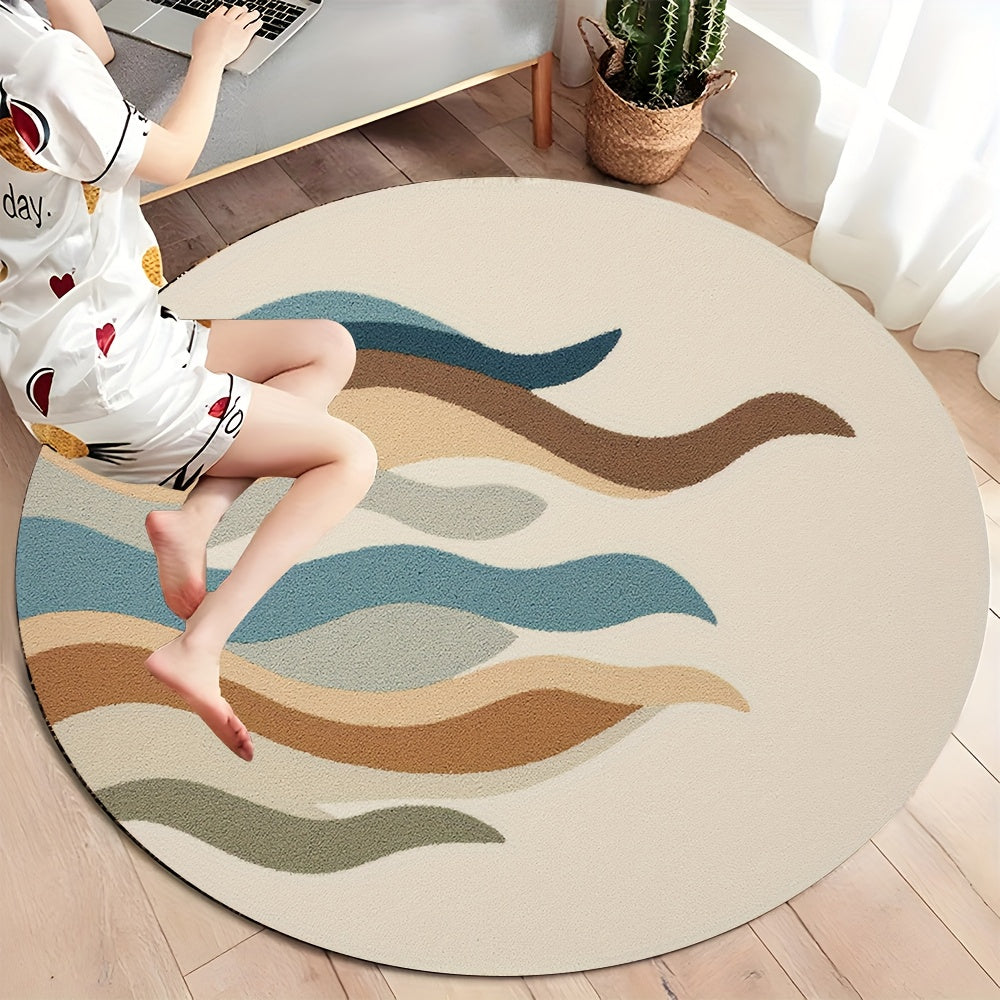 Tapis rond motif ondulé sable, vagues bleu canard et brun