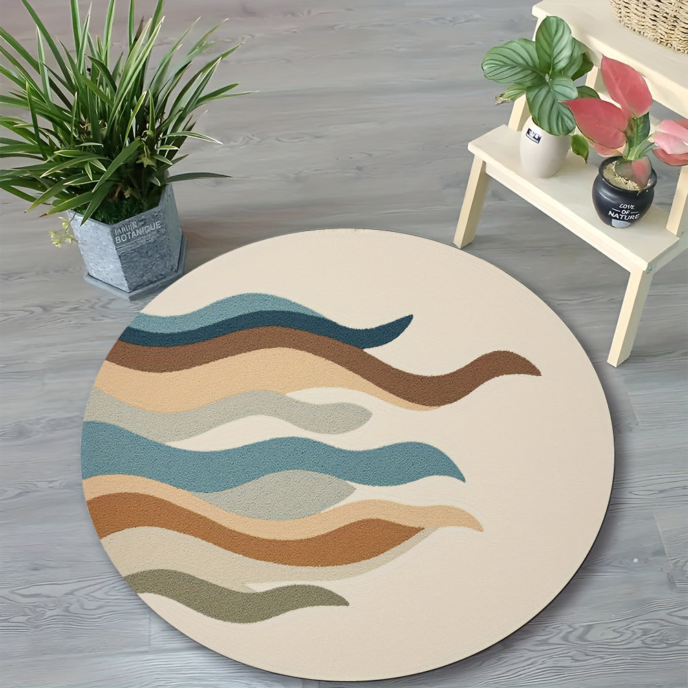 Tapis rond motif ondulé sable, vagues bleu canard et brun