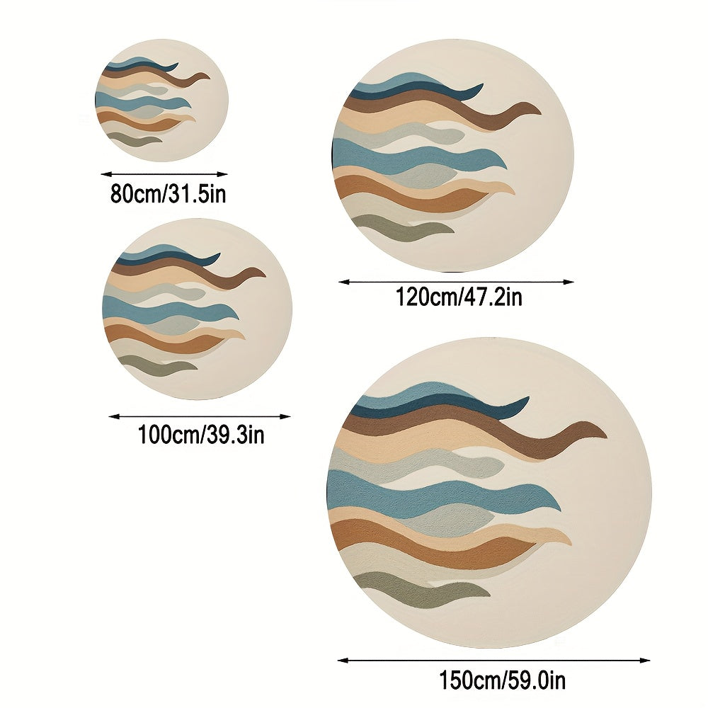 Tapis rond motif ondulé sable, vagues bleu canard et brun