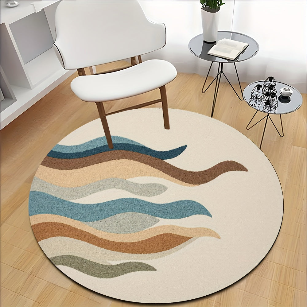 Tapis rond motif ondulé sable, vagues bleu canard et brun