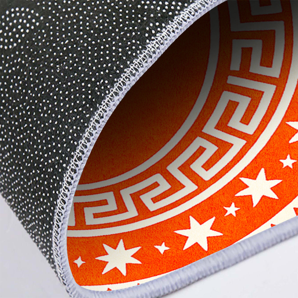 Tapis rond orange vif à grecque, quinze diamètres au choix