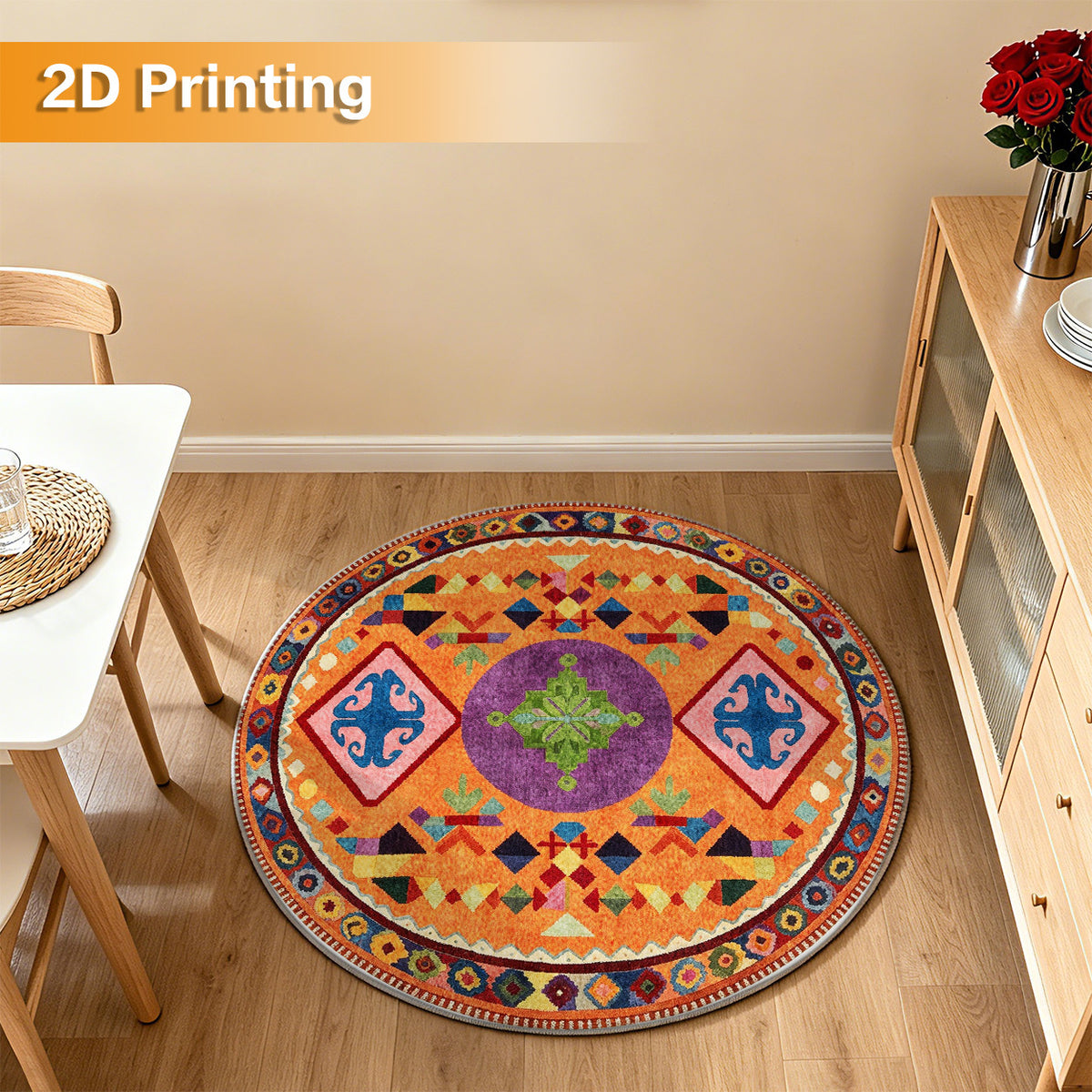 Tapis rond safran à médaillon et pétales, Ø 80 à 200 cm