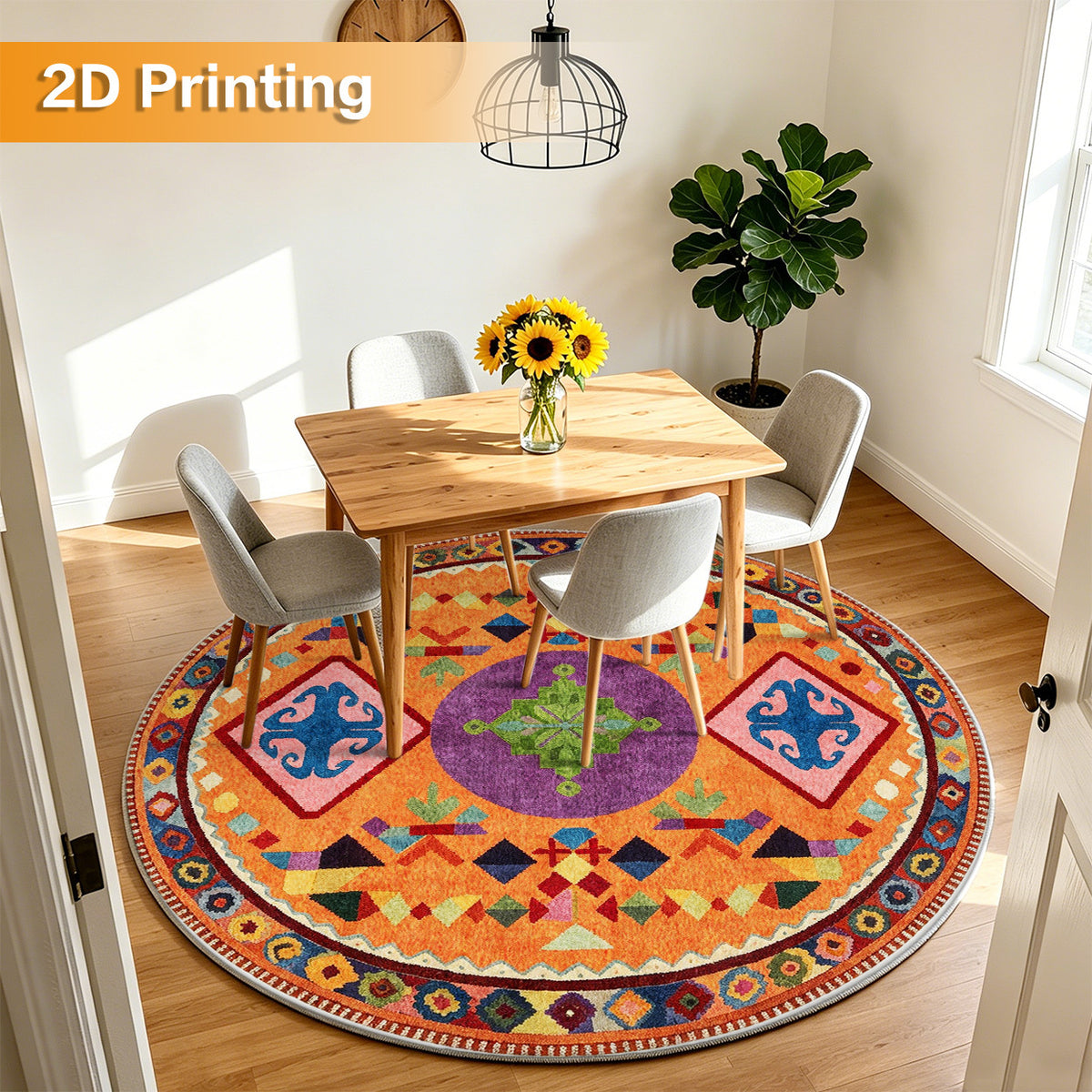 Tapis rond safran à médaillon et pétales, Ø 80 à 200 cm