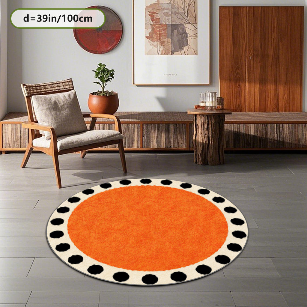 Tapis rond orange vif cerclé de gros pois noirs, 4 tailles